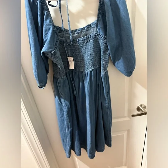NWT Gap Cotton puff sleeve smocked denim boho y2k Cottagecore mini dress XLT - Picture 4 of 8